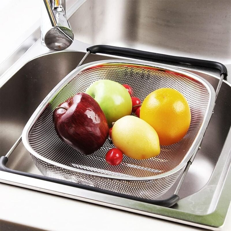 Over the Sink Colander Stainless Steel Fine Mesh Sink Strainer Basket with Extendable Handle for Pasta Fruits Vegetables