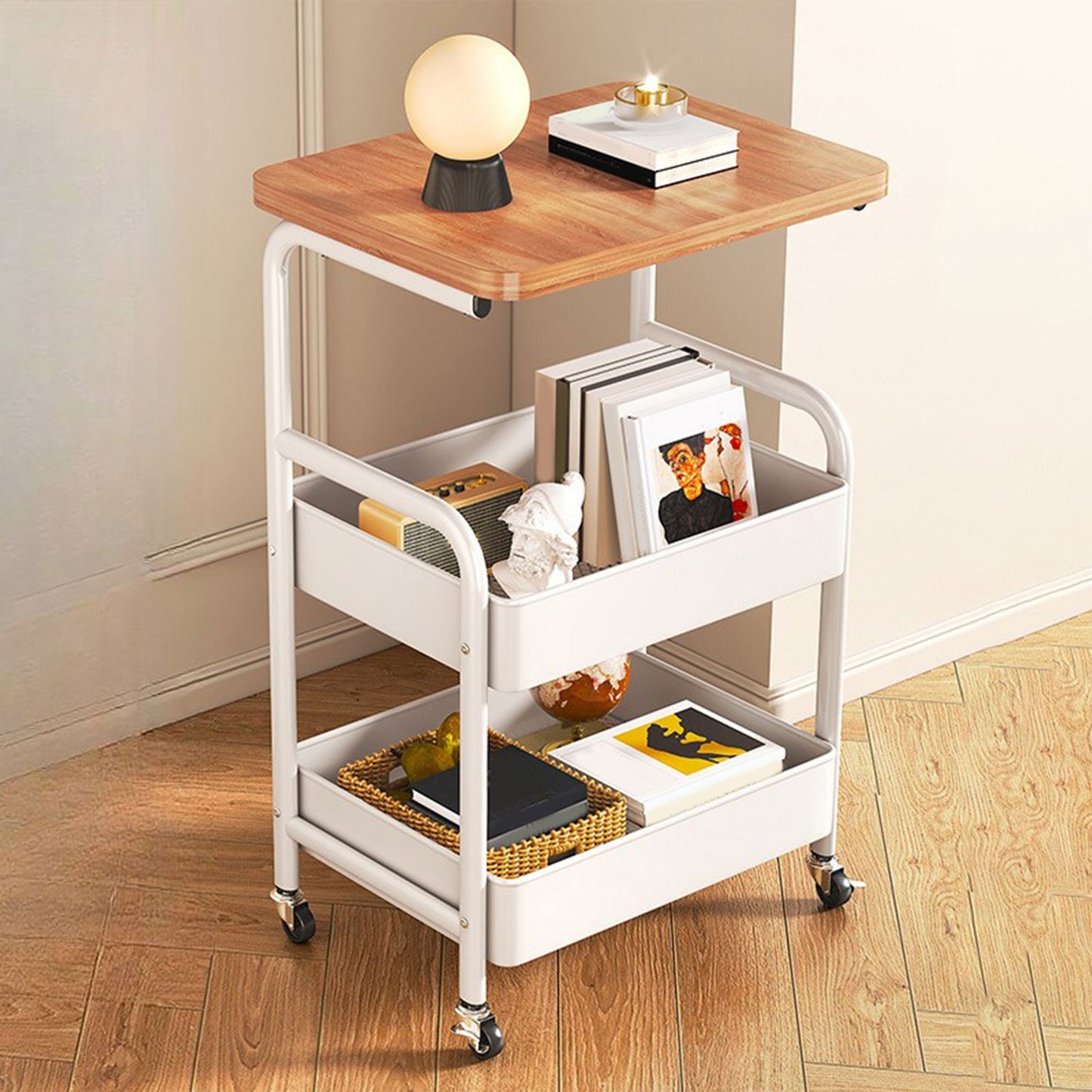 Modern Minimalist Iron Wood Mobile Basket Shelf Rack 3-Tier Side Table For Living Room
