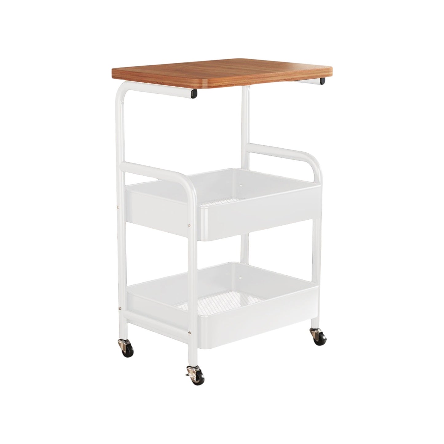 Modern Minimalist Iron Wood Mobile Basket Shelf Rack 3-Tier Side Table For Living Room