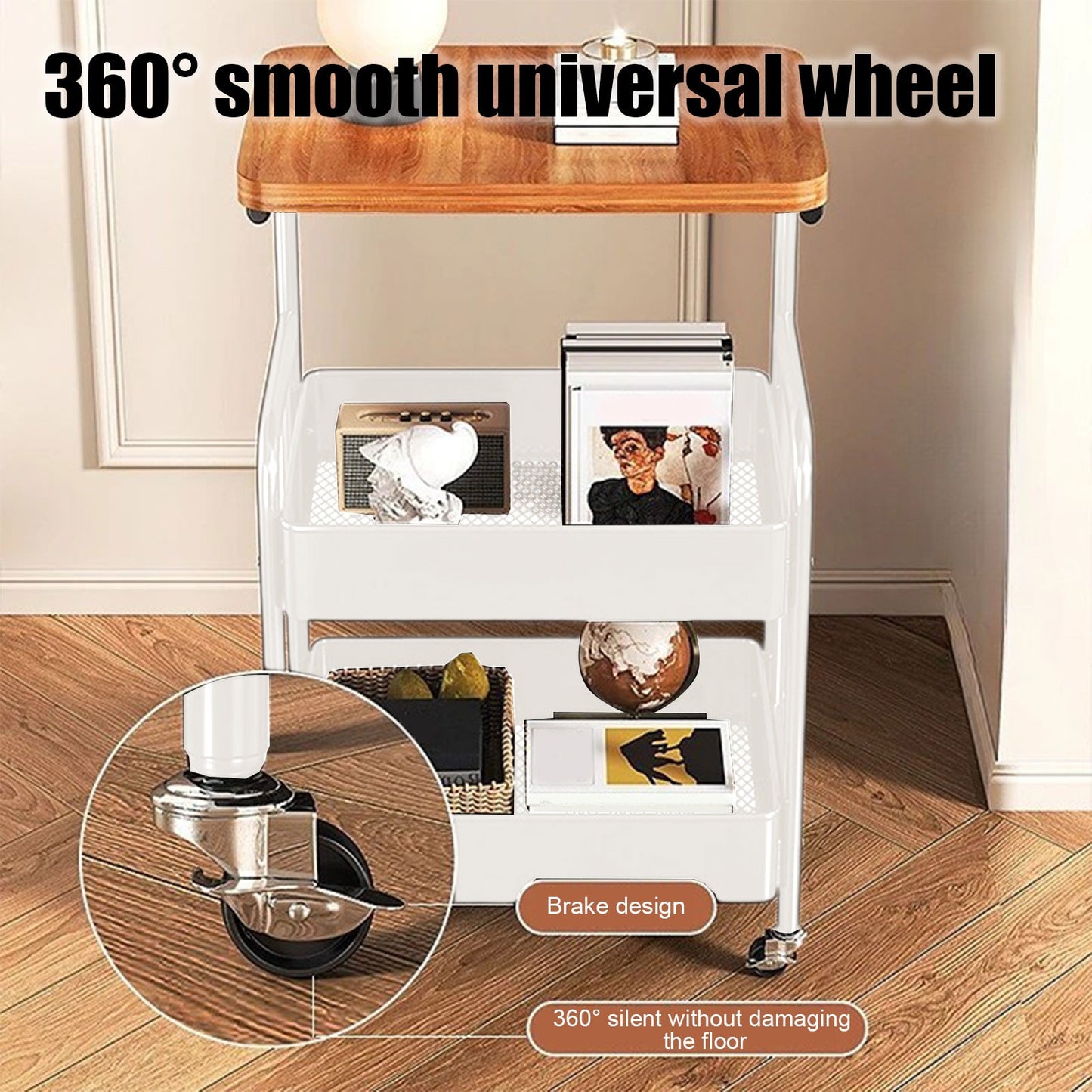 Modern Minimalist Iron Wood Mobile Basket Shelf Rack 3-Tier Side Table For Living Room