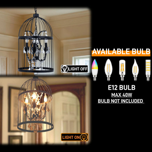 E12 bulb compatibility for modern black crystal chandelier, bulbs not included
