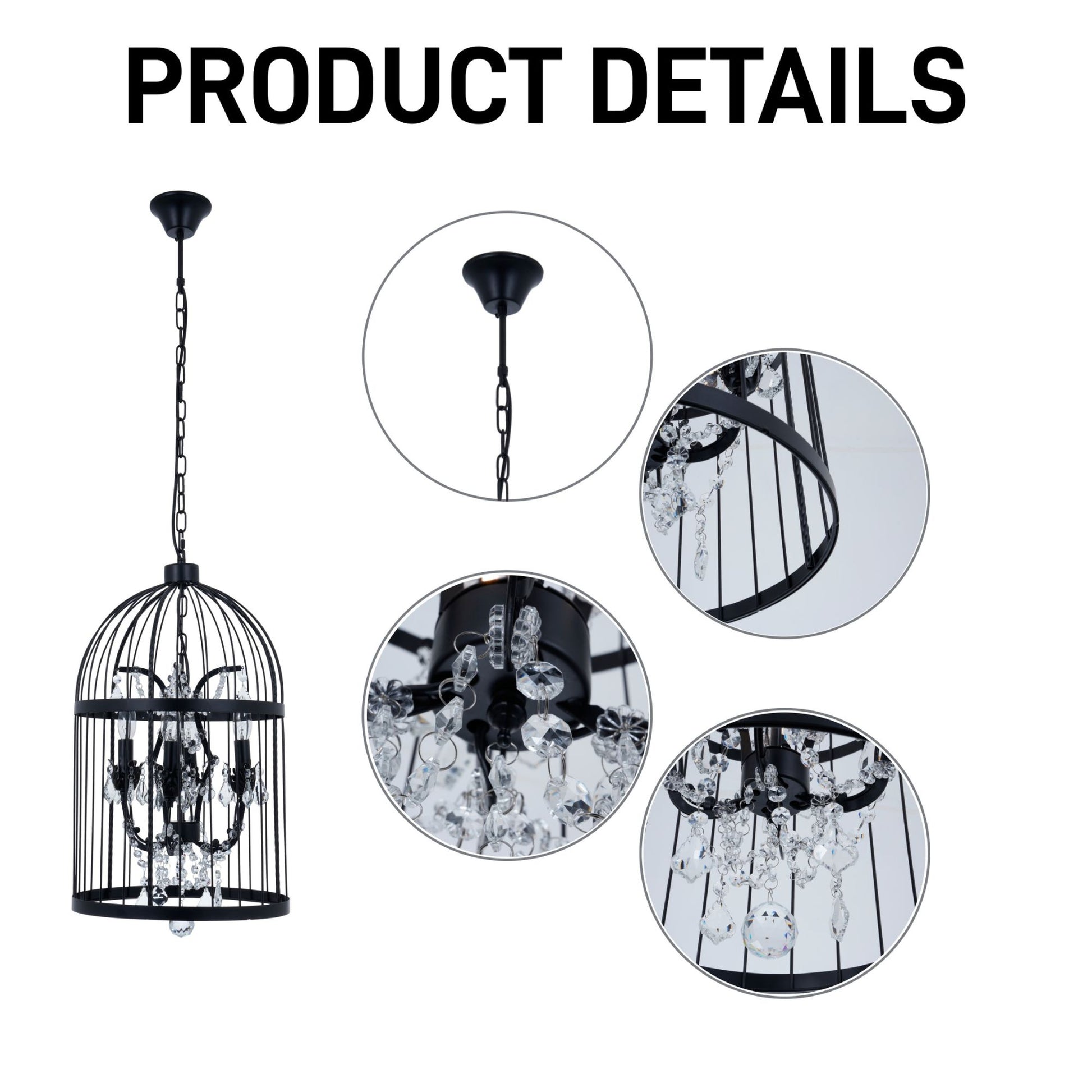 Close-up details of crystal pendants and metal frame of chandelier