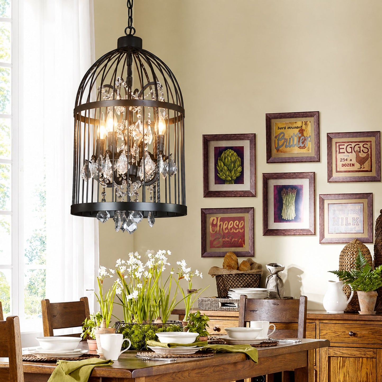 Modern black crystal chandelier installed above dining table in bright dining room