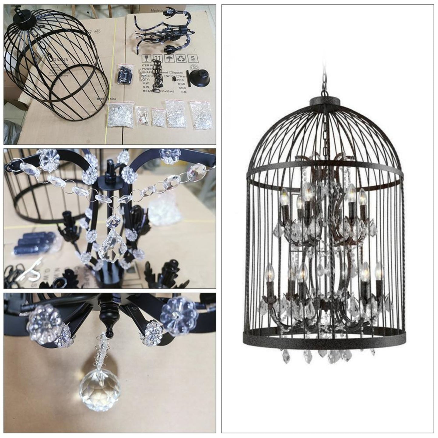 Package contents and installation parts of modern black crystal chandelier