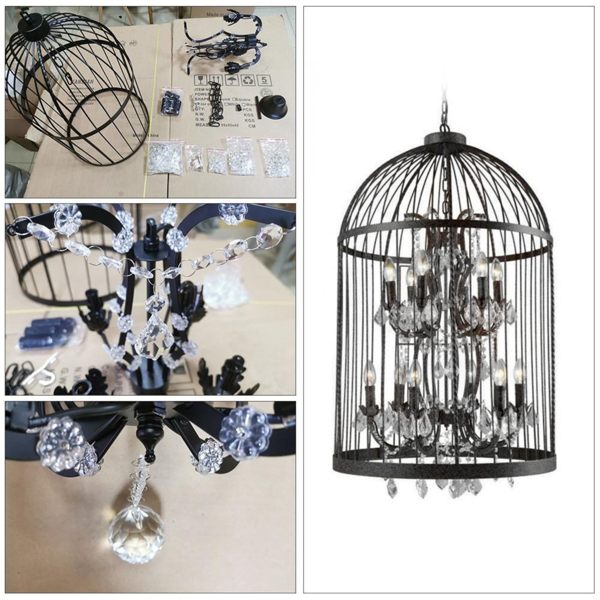 Package contents and installation parts of modern black crystal chandelier