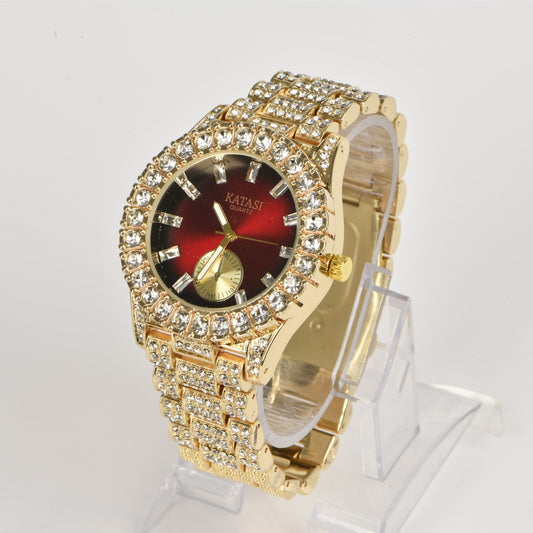 Unisex Round Bezel Red Face Stainless Steel Watch Business Rhinestone Wristwatch