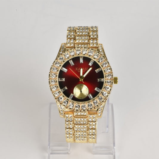 Unisex Round Bezel Red Face Stainless Steel Watch Business Rhinestone Wristwatch