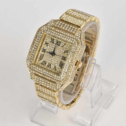 Luxury Classic Stainless Steel Crystal Quartz Analog Rectangle Dial Wrist Watch
