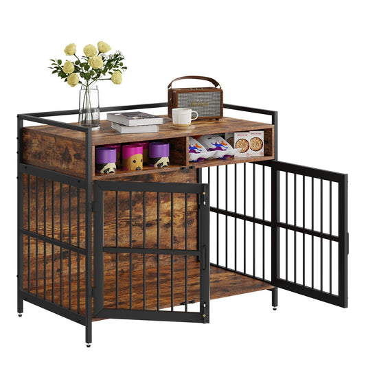 Furniture Style Dog Crate with Storage, 41 inch Dog Crate Furniture Large Breed with Double Doors, Wooden Dog Cage for Large/Medium Dog Indoor, Hold up to 70 lbs, Rustic Brown