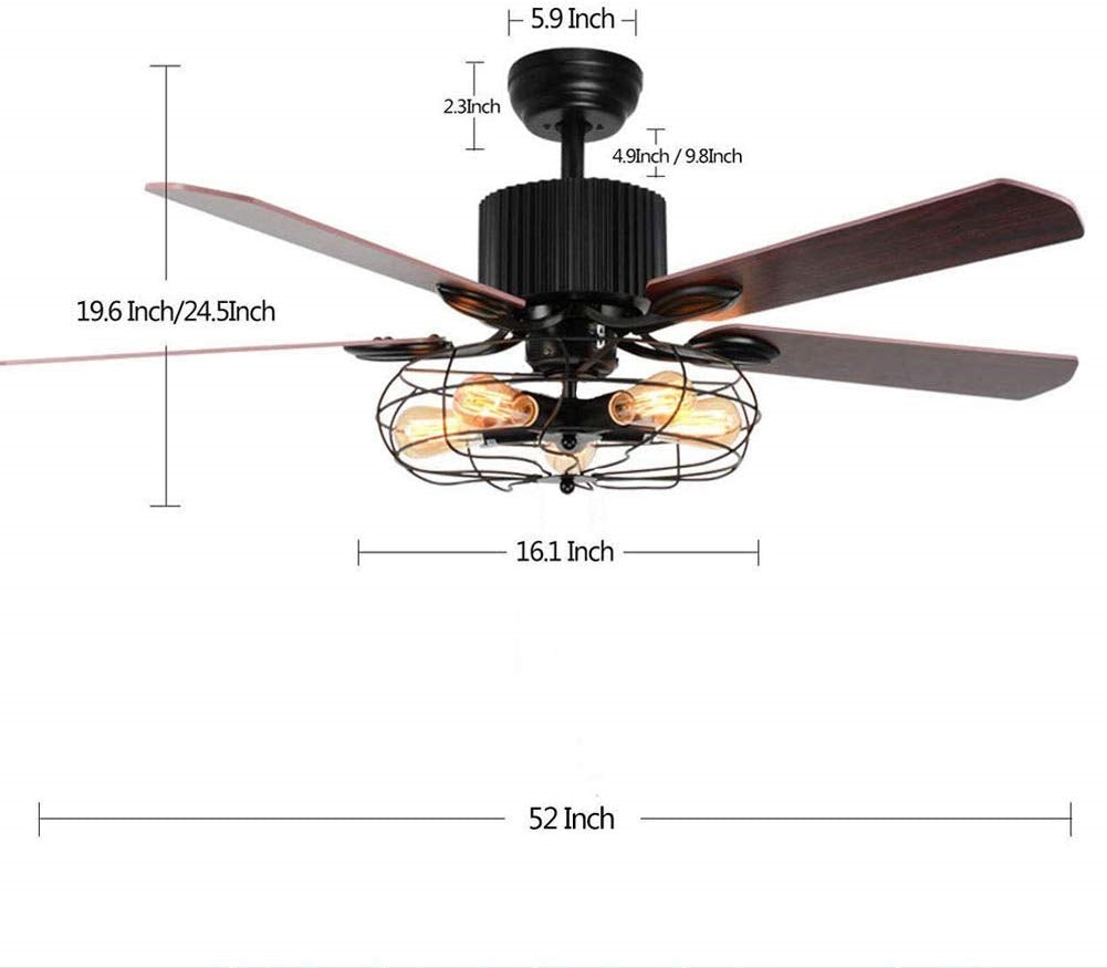 52 Inchs Retro Industrial 5 Wood Blade Iron Cage Reversible Motor Remote Control Fan Chandelier DS-TT79