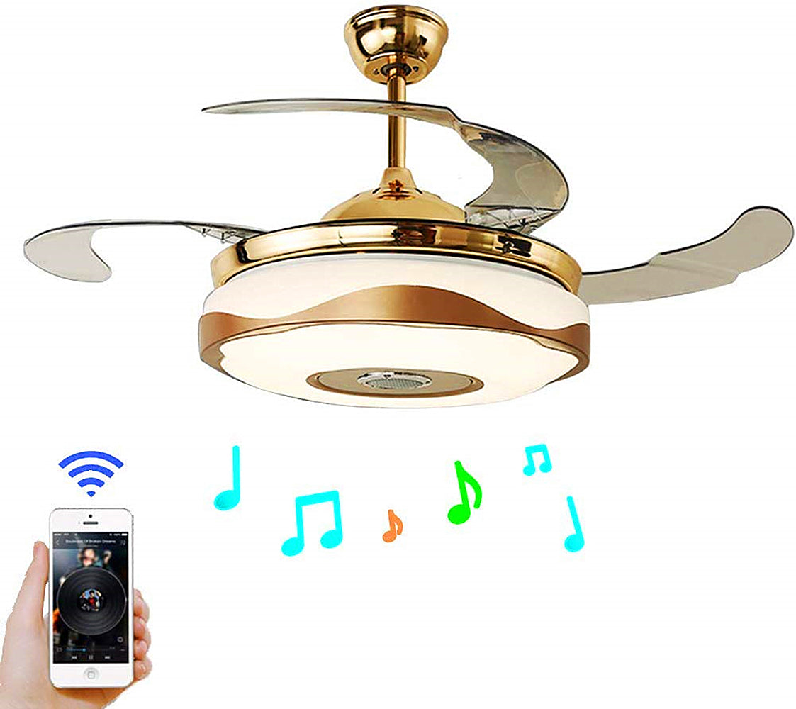 42" Smart Bluetooth Music Player Ceiling Fans with LED Colorful Light Retractable Blades Chandelier DS-TT61