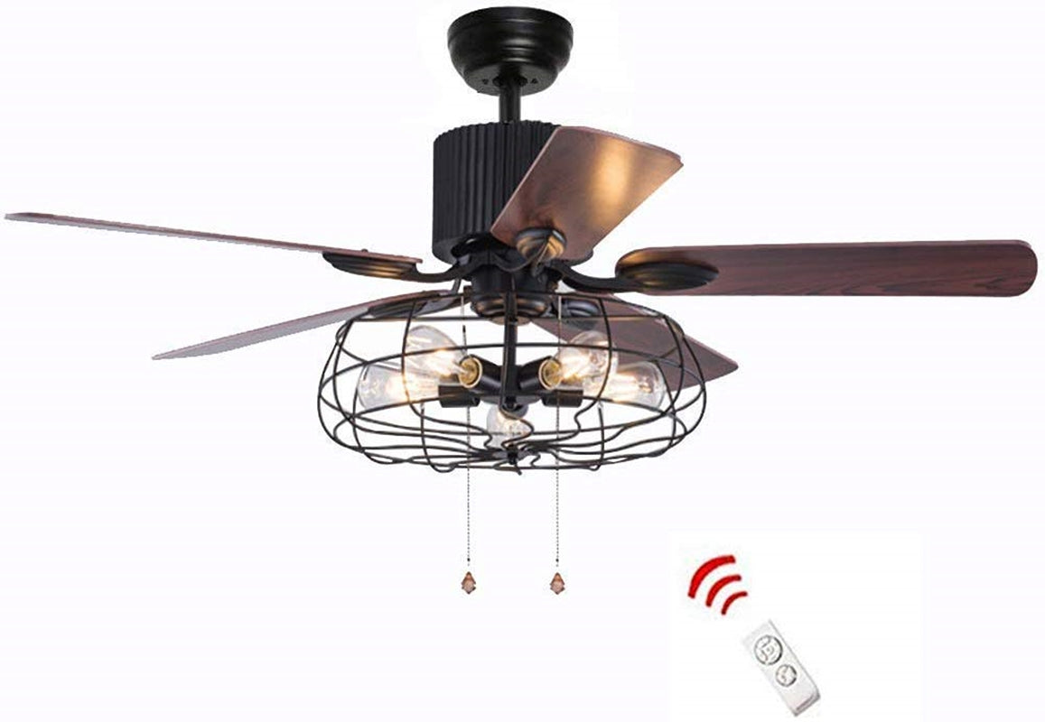 52 Inchs Retro Industrial 5 Wood Blade Iron Cage Reversible Motor Remote Control Fan Chandelier DS-TT79