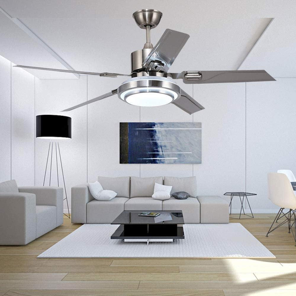 48 Inch 5 Reversible Stainless Steel Blades Remote Three Speeds and Color Changes Lighting Fixture DS-LN124