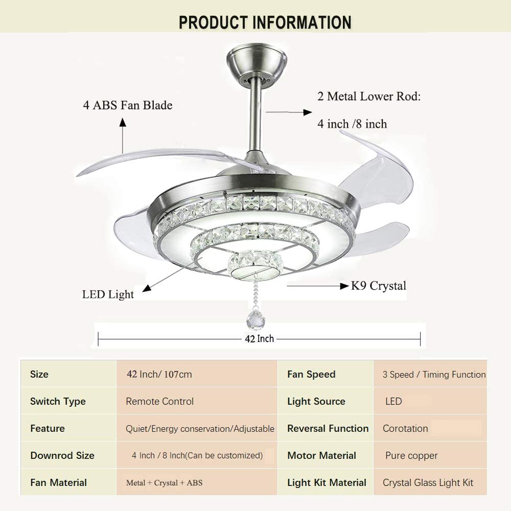 BIGBANBAN Crystal Ceiling Fan with Light and Remote Brush Nickel ELT286
