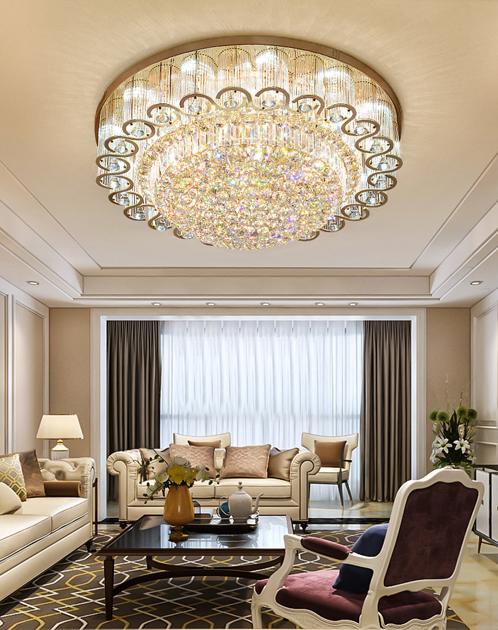Luxury Modern K9 Crystal Chandelier Flush Mount LED Ceiling Light Fixture Gorgeous Pendant Lamp for Living Room Bar Shop (Dia 23.6")