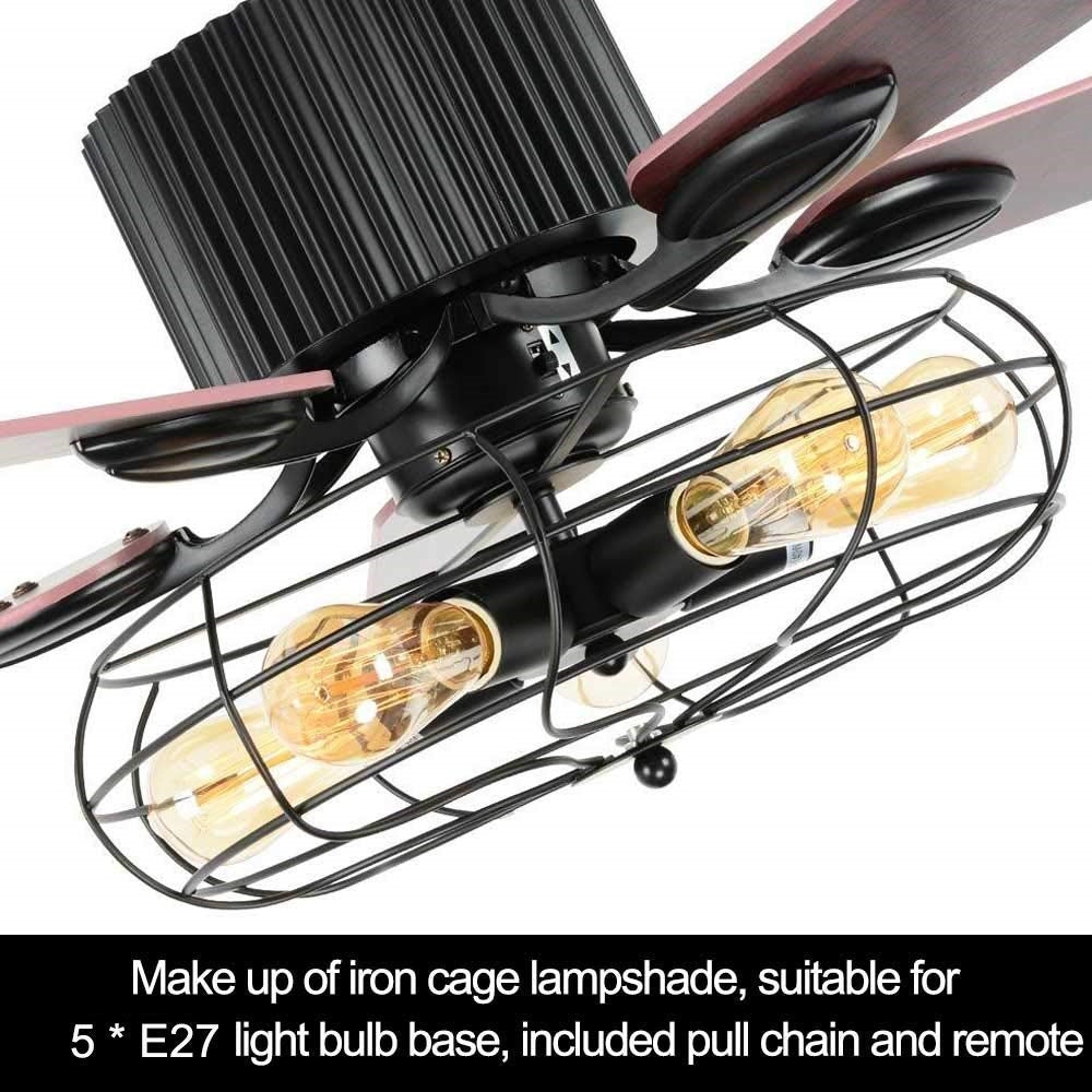 52 Inchs Retro Industrial 5 Wood Blade Iron Cage Reversible Motor Remote Control Fan Chandelier DS-TT79