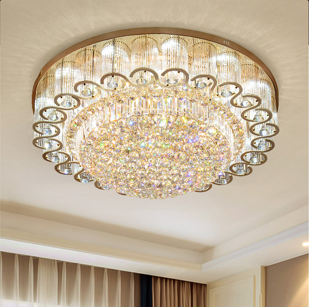Luxury Modern K9 Crystal Chandelier Flush Mount LED Ceiling Light Fixture Gorgeous Pendant Lamp for Living Room Bar Shop (Dia 23.6") DS-TT29
