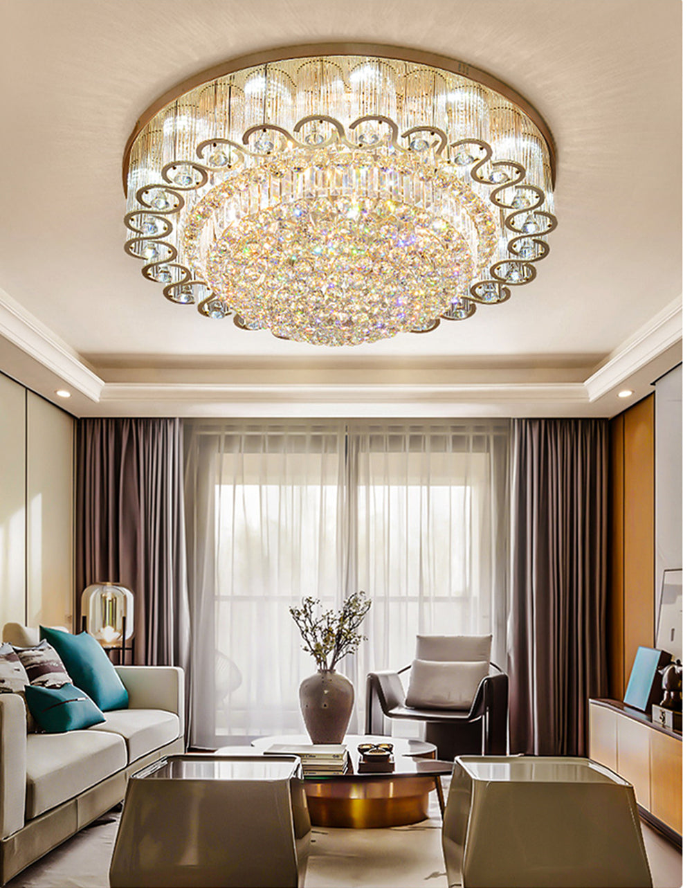 Luxury Modern K9 Crystal Chandelier Flush Mount LED Ceiling Light Fixture Gorgeous Pendant Lamp for Living Room Bar Shop (Dia 23.6") DS-TT29