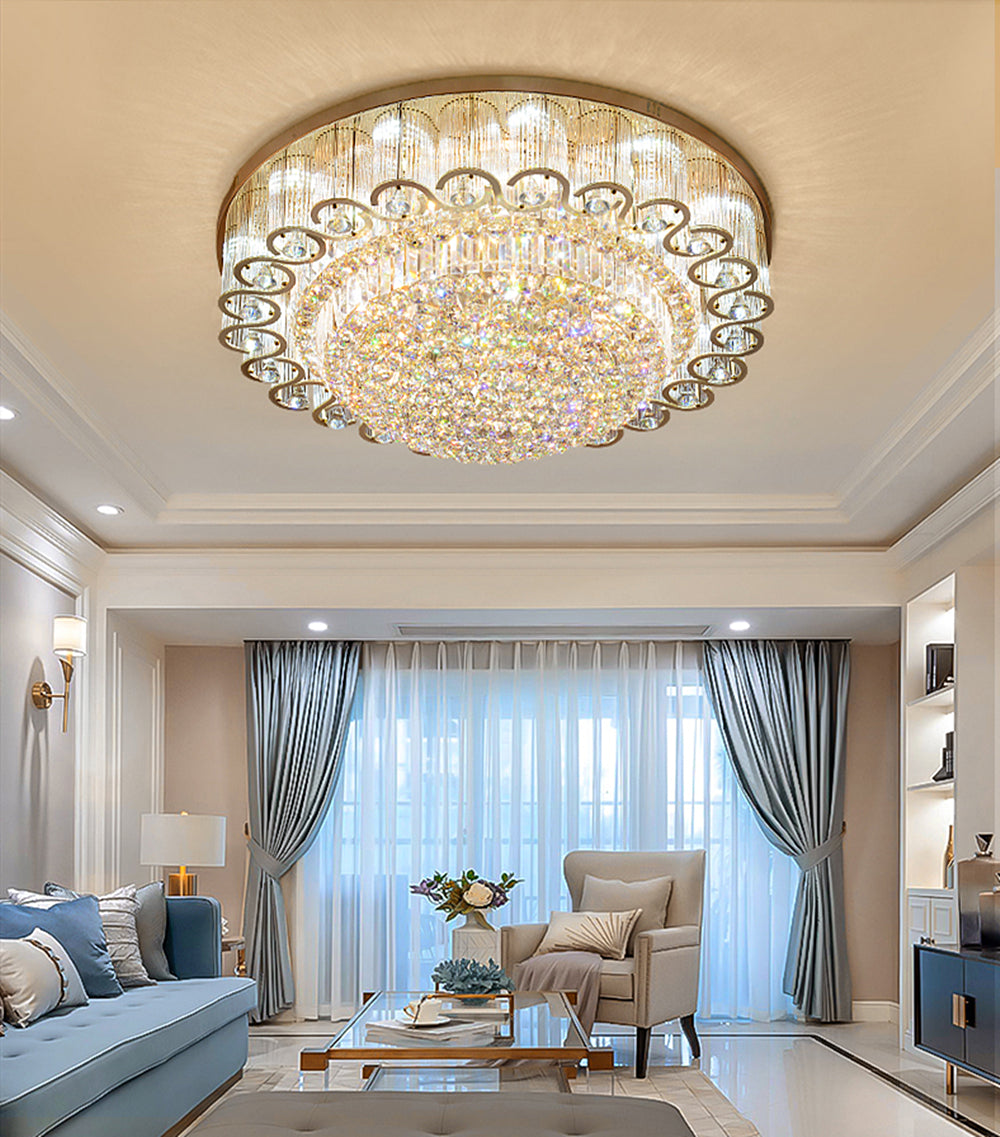 Luxury Modern K9 Crystal Chandelier Flush Mount LED Ceiling Light Fixture Gorgeous Pendant Lamp for Living Room Bar Shop (Dia 23.6") DS-TT29