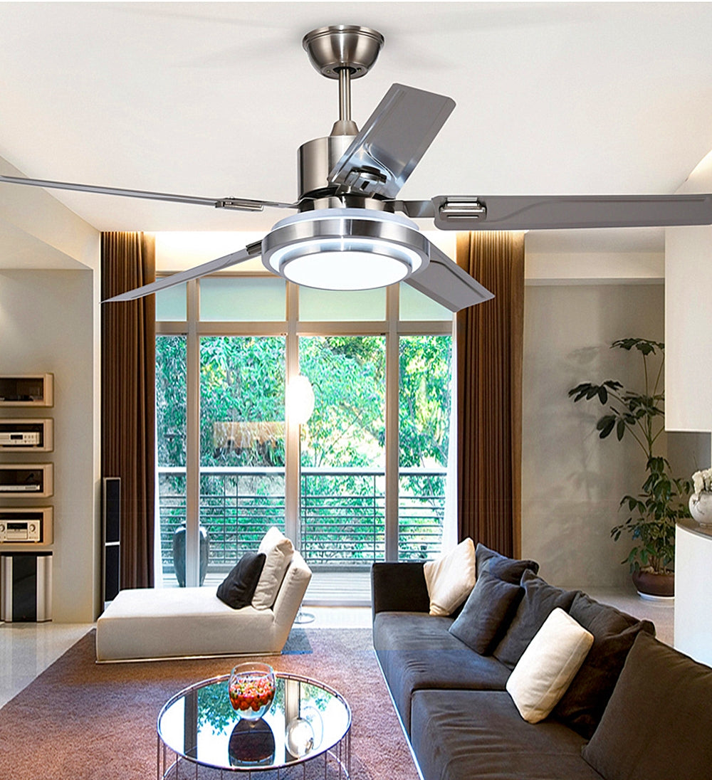 48 Inch 5 Reversible Stainless Steel Blades Remote Three Speeds and Color Changes Lighting Fixture DS-LN124