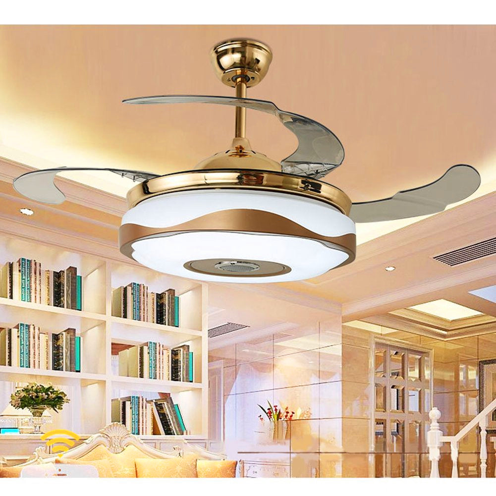 42" Smart Bluetooth Music Player Ceiling Fans with LED Colorful Light Retractable Blades Chandelier